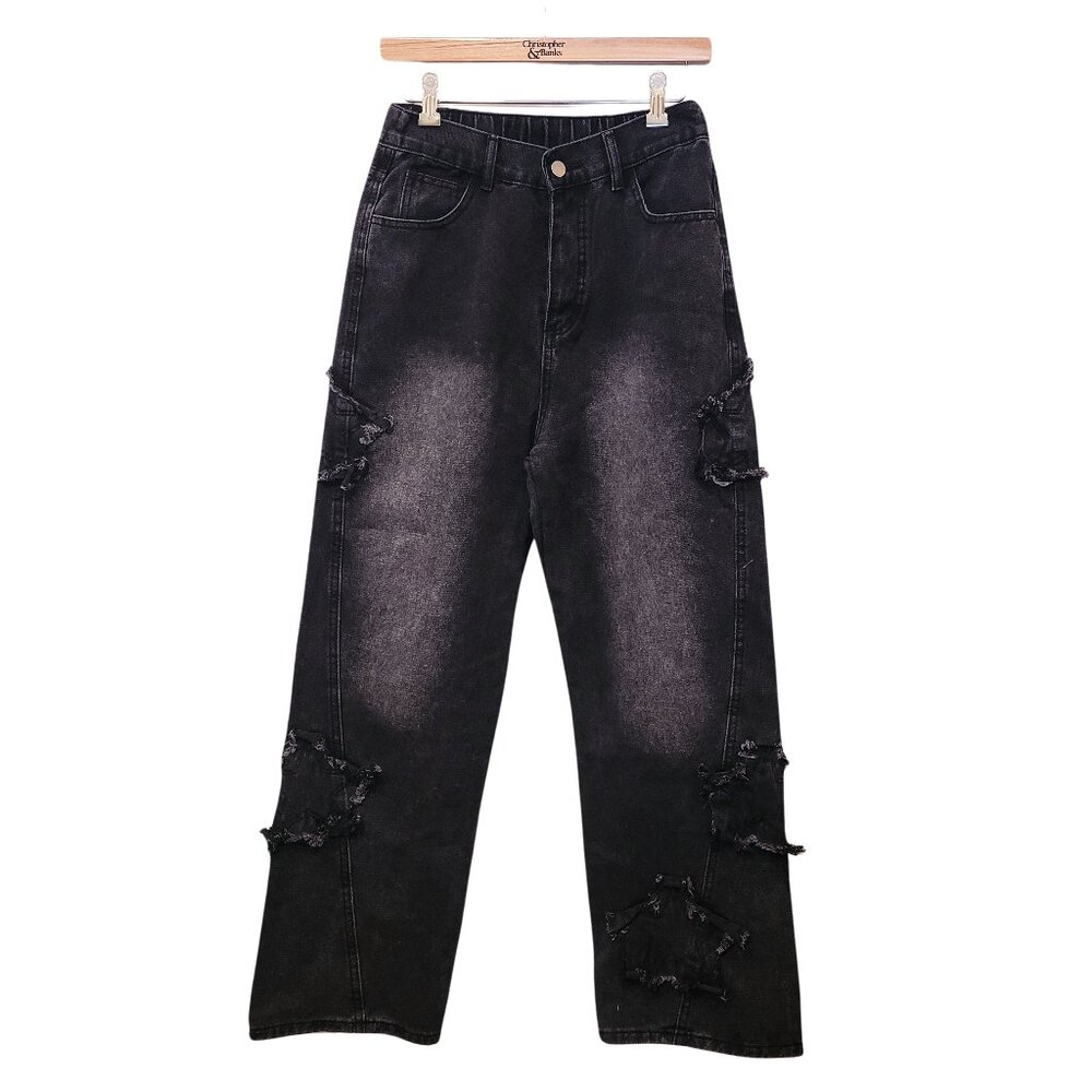 Y2K Style Wide Leg High Waist Distressed Star Detail Denim Jeans, Med